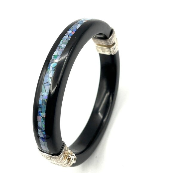 Jay King Black Onyx Agate & Micro Opal Mosaic Inlay Sterling Bangle Bracelet - Picture 3 of 9